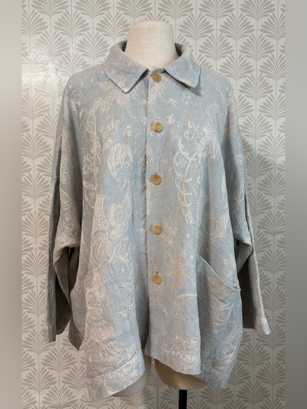eskandar Pale Blue & Cream Floral Jacquard Linen Jacket